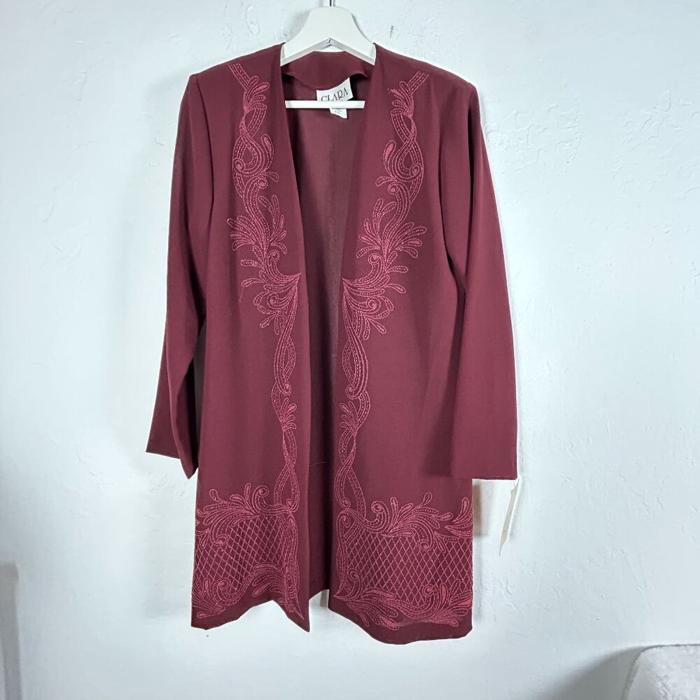 Clara Womens Embroidered Open Front Duster Cardigan Sweater Medium Burgundy New